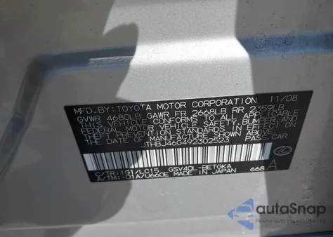 2009 Lexus Es 350 z USA, uszkodzony, nr VIN JTHBJ46G492302523